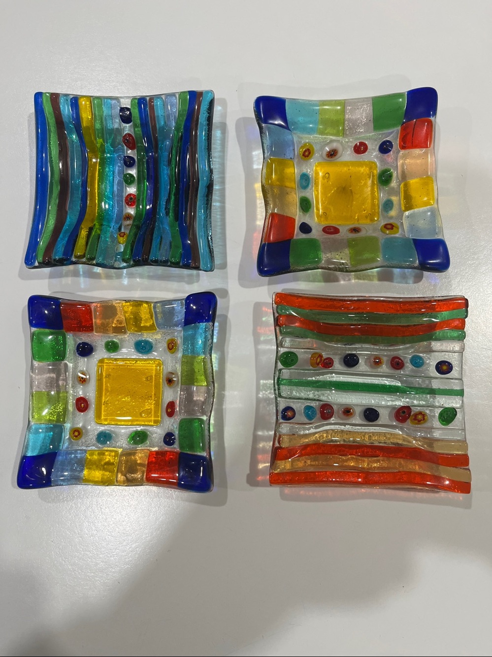 Set of 4 VTG fused glass square shaped colorful trinket dishes. Fun for hosting!